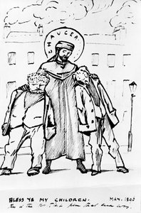 William Morris und Edward Burne-Jones werden von Chaucer gesegnet, Cartoon, 1896 (Feder und Tinte) (bw Druck) von Edward Burne Jones